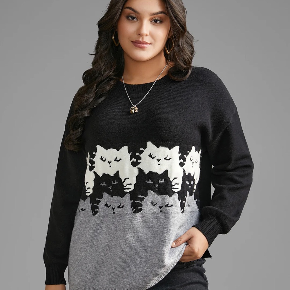 BloomChic Black and Gray Cat Crew Neck Sweater